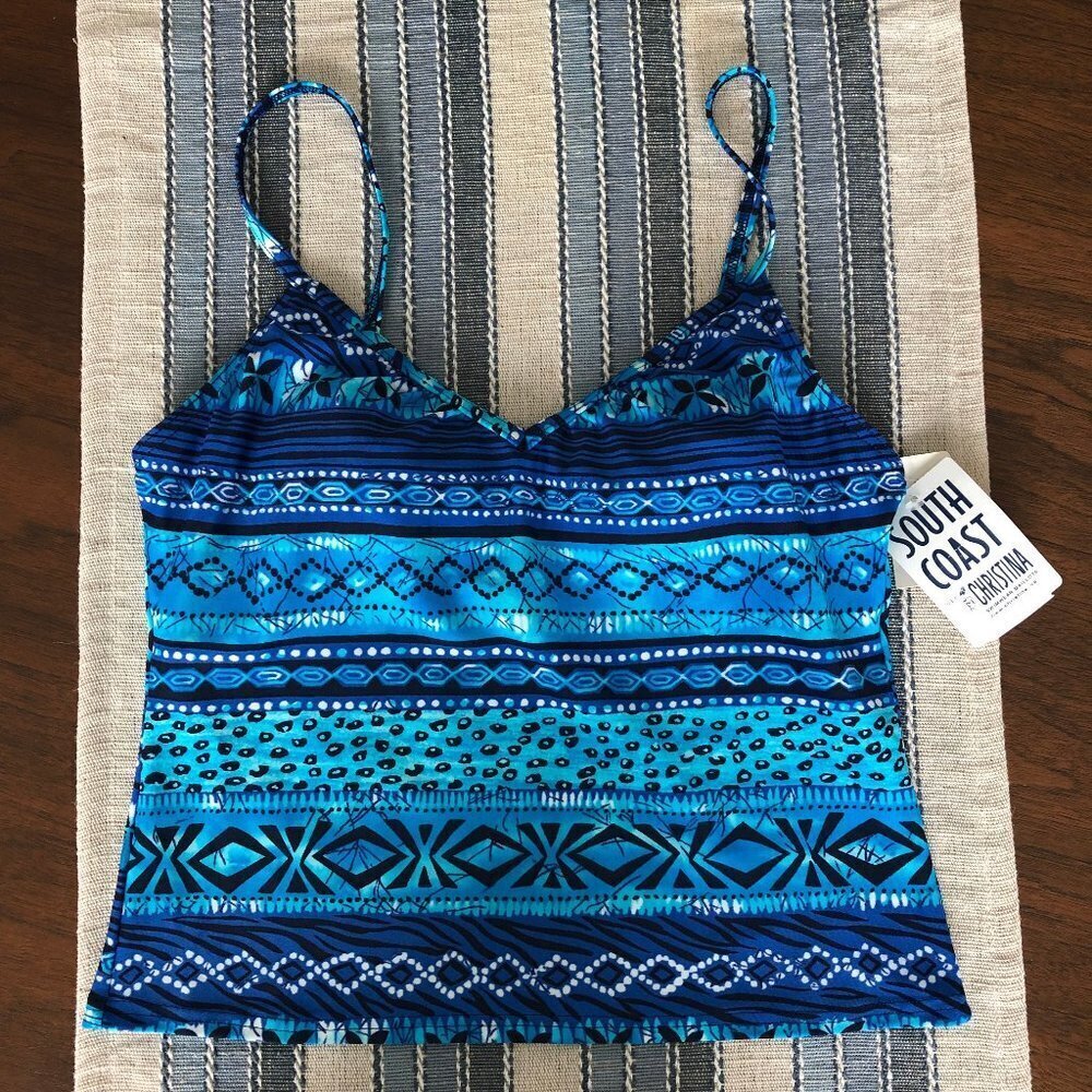 South Coast By Christina Aztec Print Nylon Spandex Tankini Top Blue Sz 8 NWT